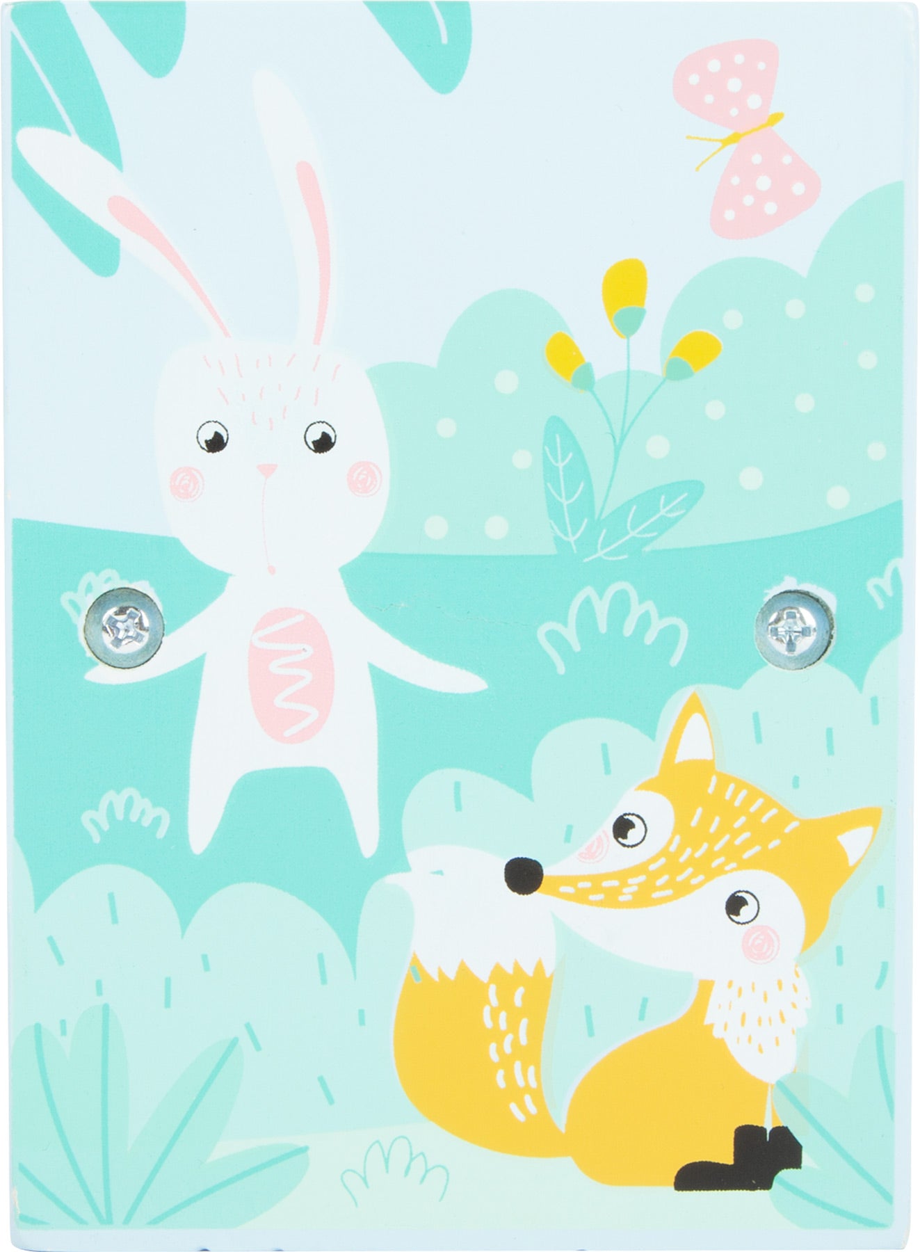 Detalhe do painel lateral do jogo do martelo small foot, com ilustração de coelho e raposa em tons pastel. Design encantador e delicado.