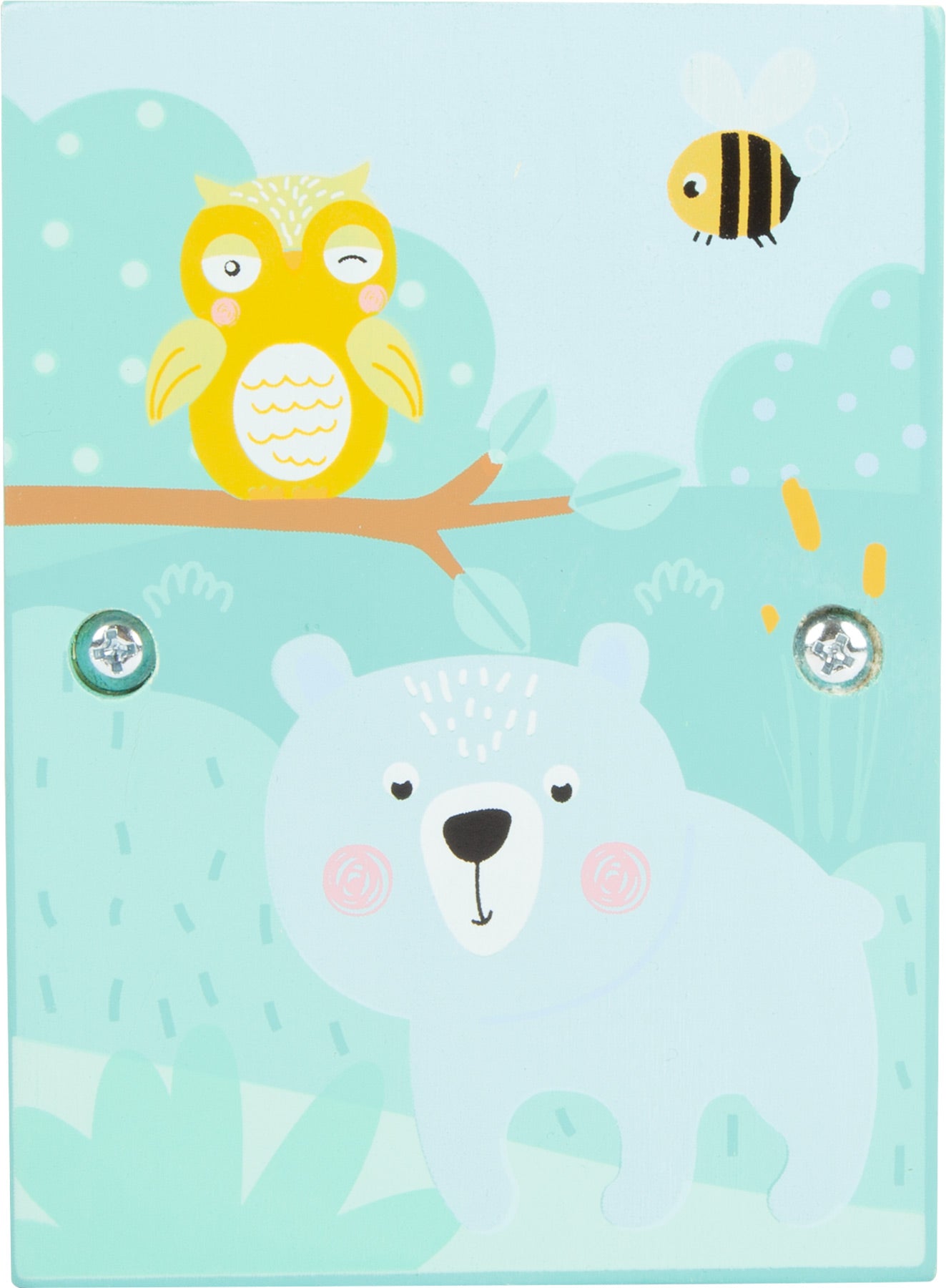 Detalhe do outro painel lateral do jogo do martelo small foot, com ilustração de coruja e urso em tons pastel. Design divertido e educativo.