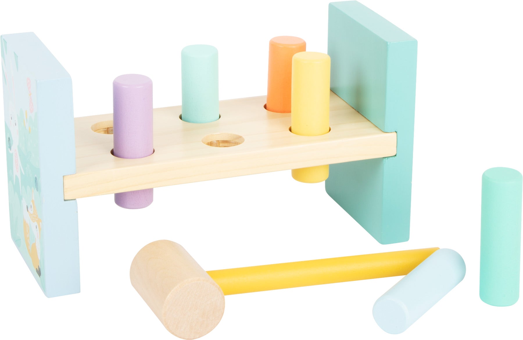 Jogo do martelo small foot em tons pastel, mostrando os pinos coloridos e o martelo de madeira. Brinquedo educativo para coordenação olho-mão.