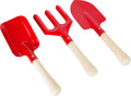 Kit de jardinagem small foot com 3 peças coloridas: duas pás e um ancinho, ideais para crianças a partir dos 3 anos.