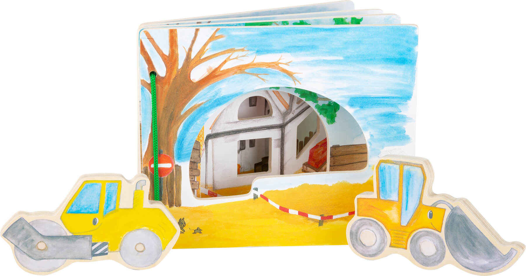 Livro interativo small foot "O Construtor" aberto, mostrando páginas coloridas com veículos de construção em madeira (pá carregadeira e rolo compressor).