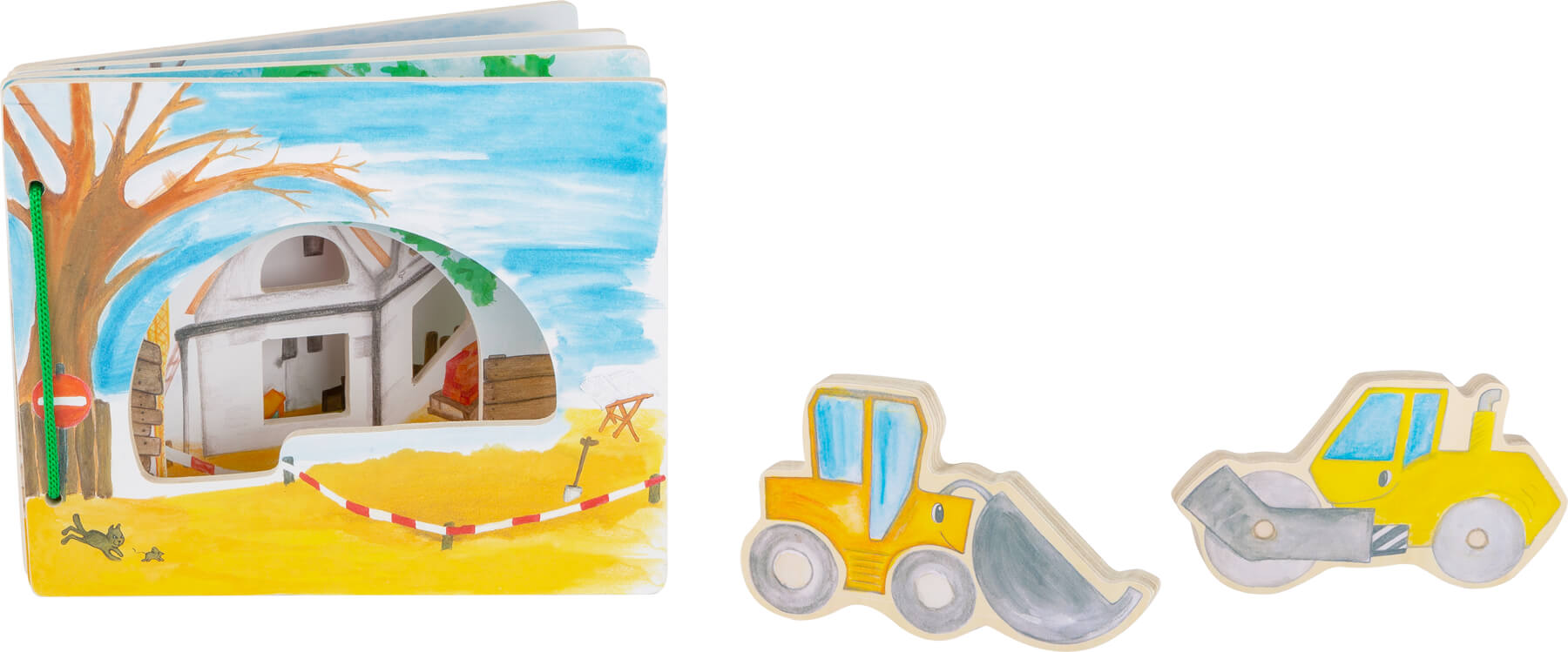 Vista do livro interativo small foot "O Construtor" fechado, com os veículos de construção de madeira (pá carregadeira e rolo compressor) ao lado.