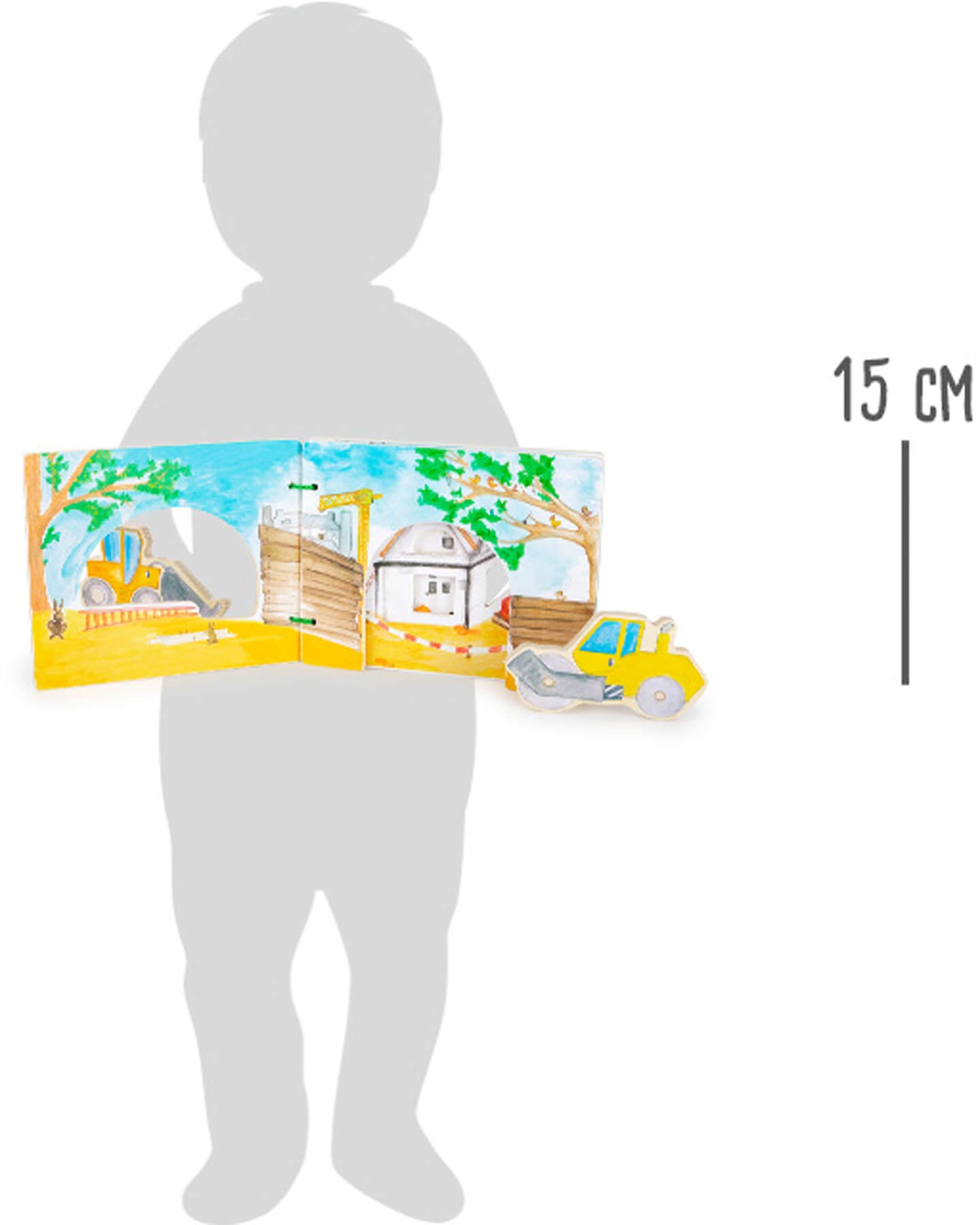Criança segurando o livro interativo small foot "O Construtor" com indicação de tamanho (15cm).