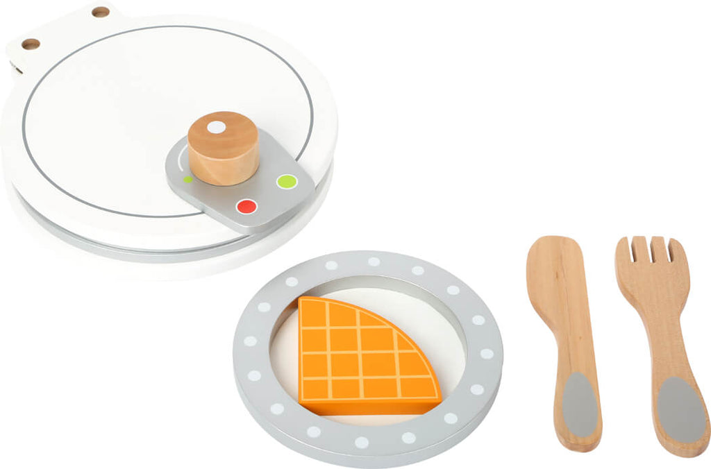 Conjunto completo "small foot" de máquina de waffles de madeira, incluindo 4 fatias de waffle, prato e utensílios de brincar.