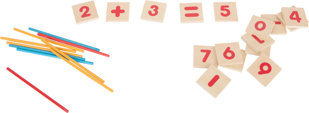 Conjunto de aprendizagem matemática small foot com blocos de números e paus de cálculo coloridos, ideal para crianças a aprenderem adição, subtração e comparação de números até 10.