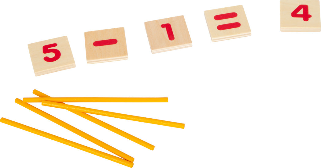Exemplo de uma operação matemática simples (subtração) sendo resolvida com os blocos e paus.