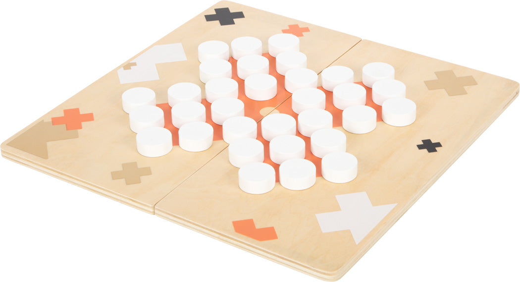Jogo de tabuleiro small foot Molino e Solitário Golden Edition, dupla face, com peças brancas e pretas em tabuleiro de madeira clara com detalhes em laranja e bege.
