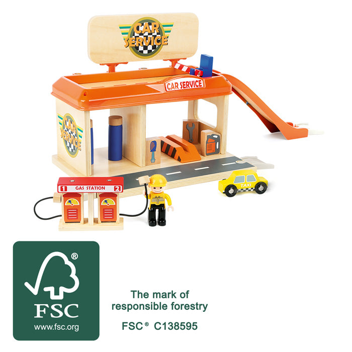 Oficina de brincar em madeira "small foot" com posto de gasolina, elevador de carros e rampa de acesso.