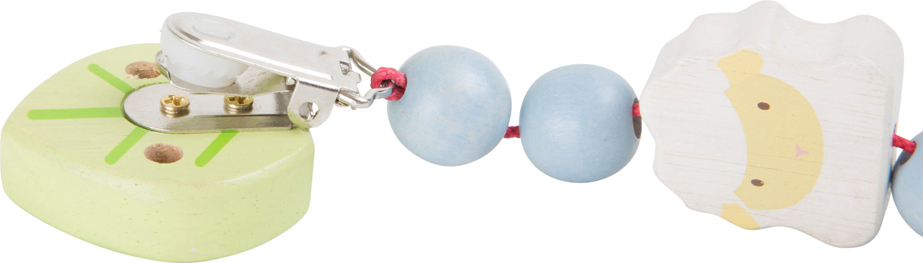 Detalhe do clipe de fixação e da face da ovelha em madeira do prende chupetas da marca small foot.