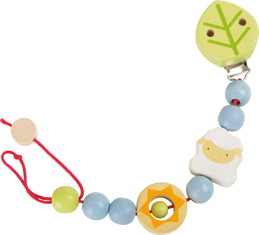 Prende chupeta em madeira da small foot com contas em tons pastel e uma pequena ovelha decorativa.