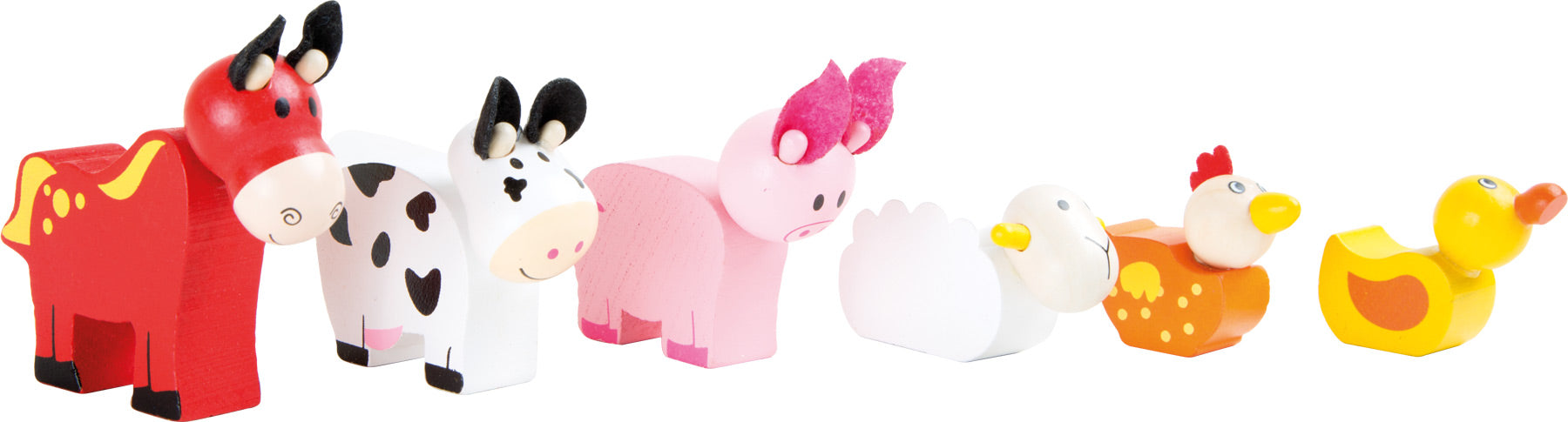 Conjunto das figuras de animais incluídas no conjunto, mostrando o cavalo, vaca, porco, ovelha, galinha e pato.