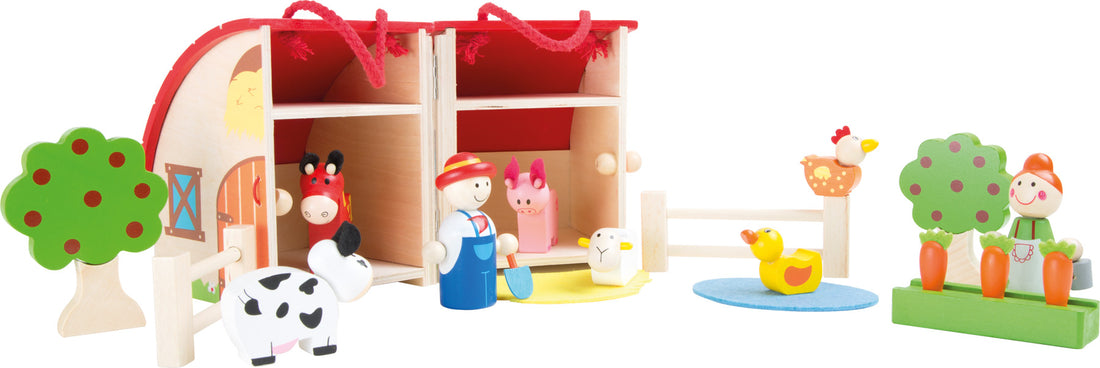 Conjunto de brincar da quinta small foot, em madeira, com figuras de animais e agricultores, apresentado numa mala portátil.
