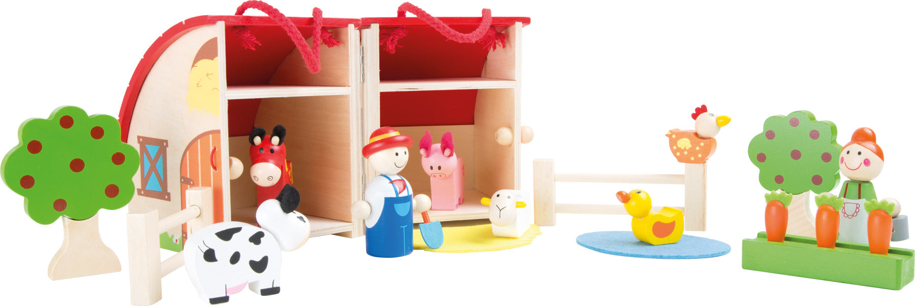 Conjunto de brincar da quinta small foot, em madeira, com figuras de animais e agricultores, apresentado numa mala portátil.