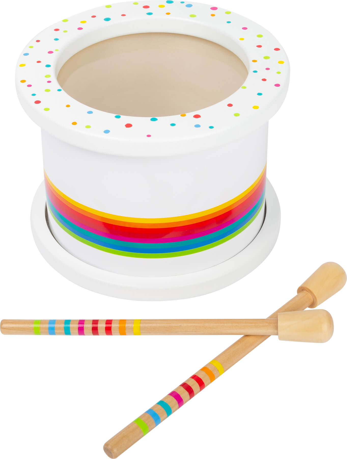 Tambor infantil small foot Sound, branco com detalhes coloridos, baquetas de madeira incluídas, ideal para educação musical precoce.
