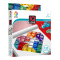 Jogo de lógica SmartGames IQ Love com peças em forma de coração coloridas sobre tabuleiro de viagem.
