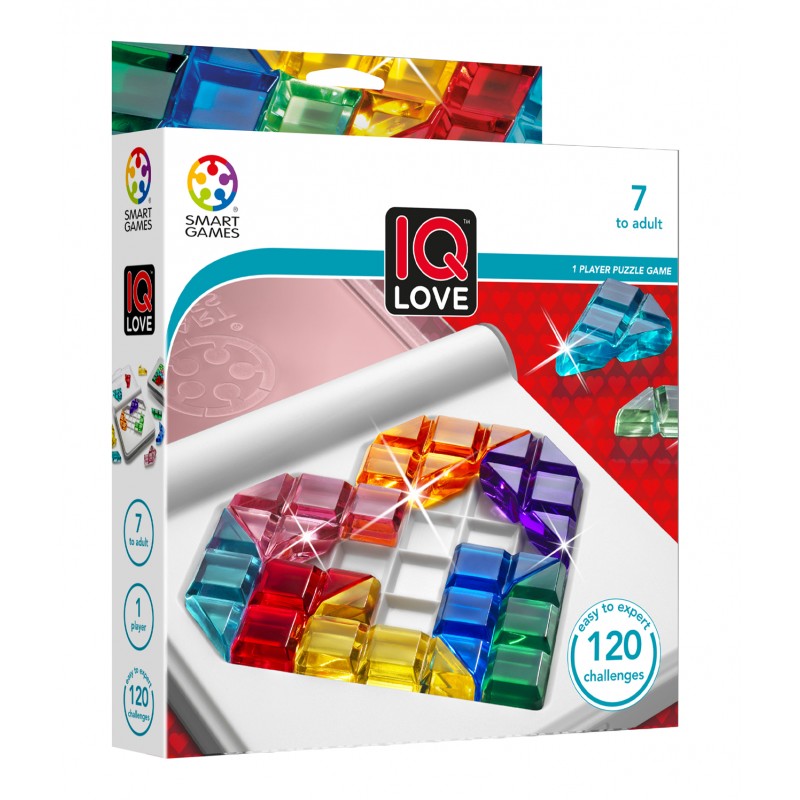 Jogo de lógica SmartGames IQ Love com peças em forma de coração coloridas sobre tabuleiro de viagem.