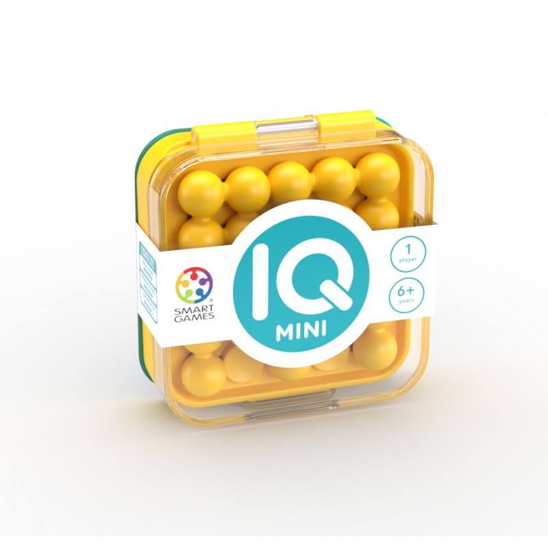 Detalhe do jogo SmartGames IQ Mini na cor amarela, mostrando as peças esféricas e o tabuleiro de jogo.