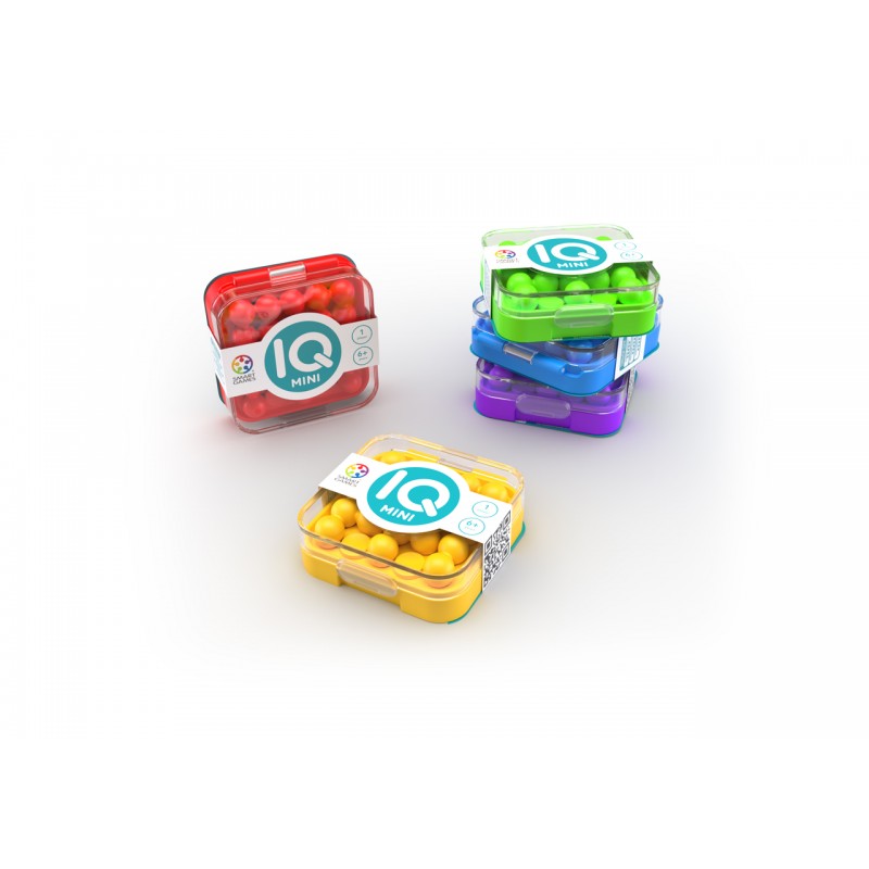 Conjunto de jogos SmartGames IQ Mini em várias cores vibrantes, apresentados em embalagens compactas e fáceis de transportar.