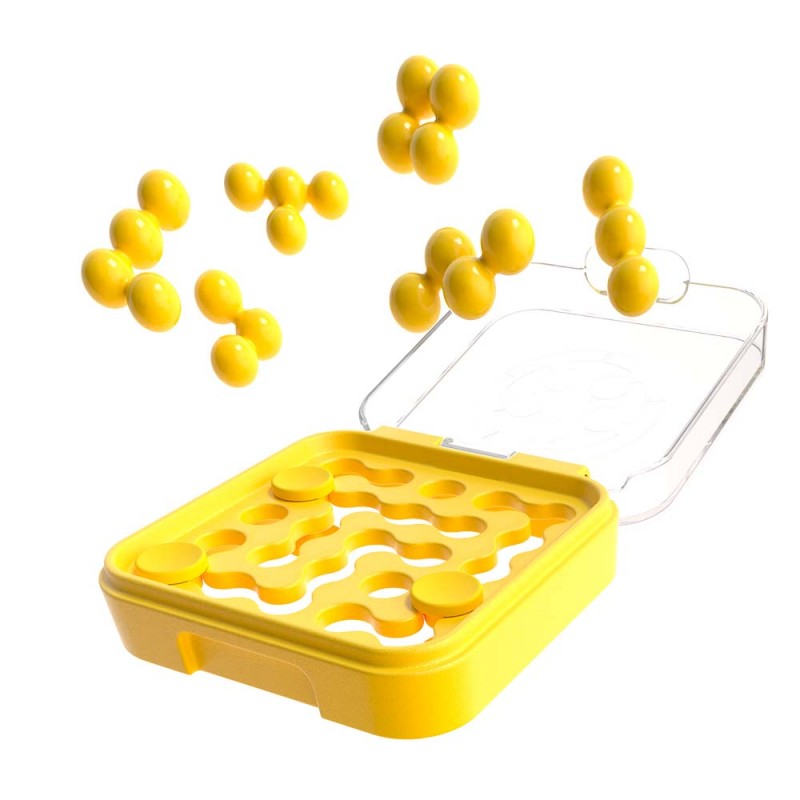 Imagem mostrando as peças do SmartGames IQ Mini em movimento, criando diferentes padrões e desafios.