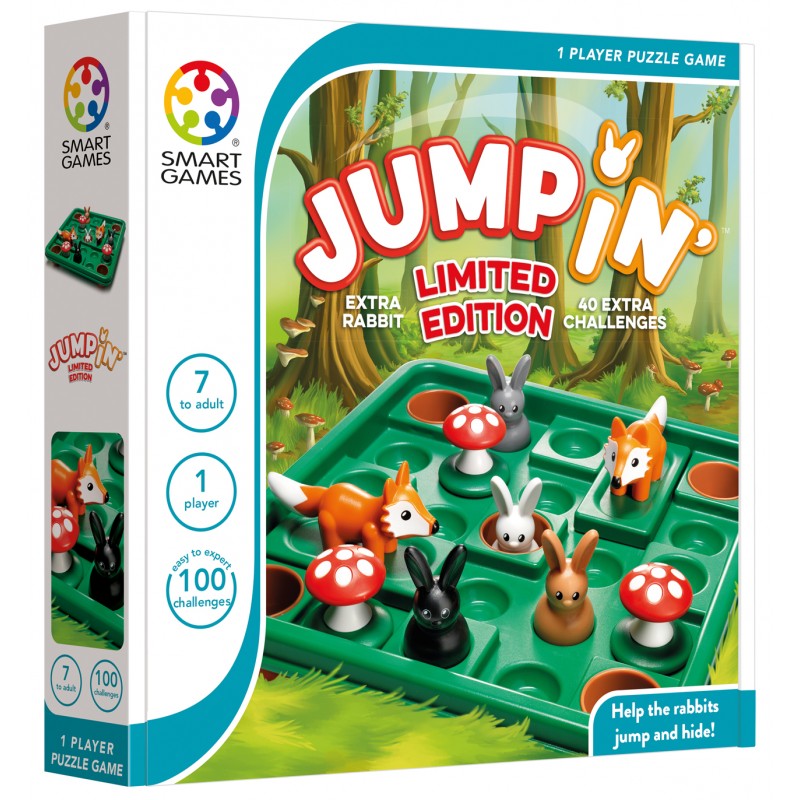 Caixa do jogo SmartGames Jump In XXL Limited Edition, mostrando o tabuleiro, peças e o número de desafios.
