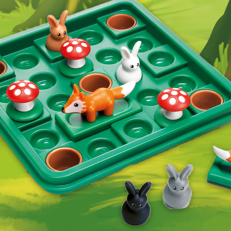 Caixa do jogo SmartGames Jump In XXL Limited Edition, mostrando o tabuleiro, peças e o número de desafios.