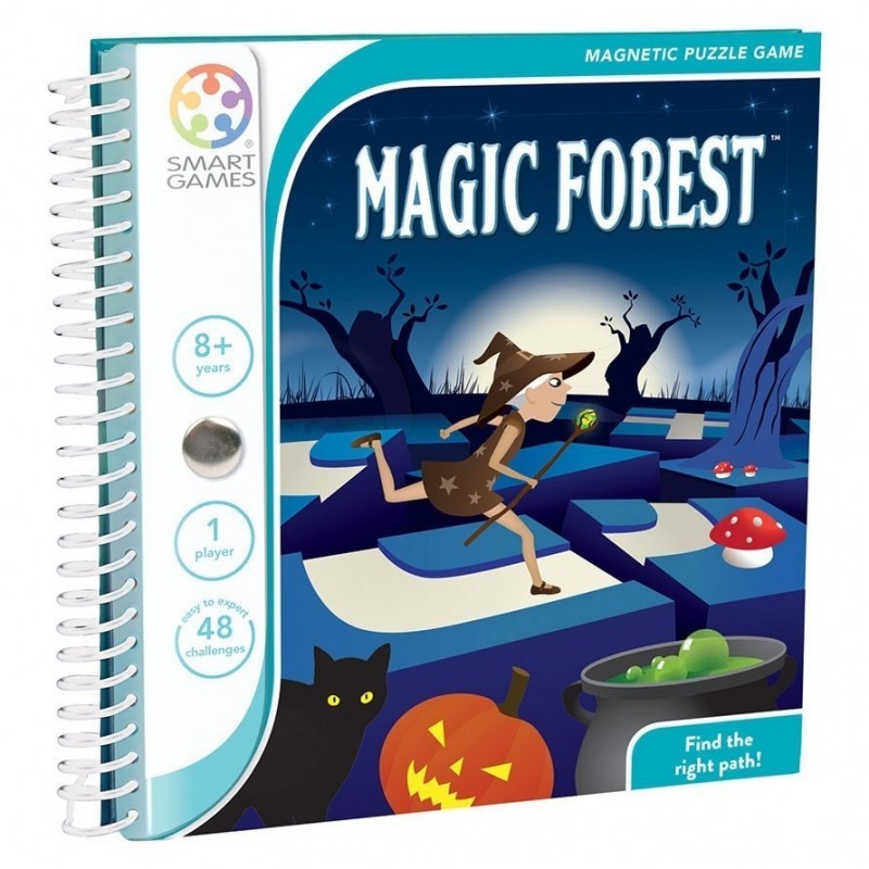 Capa do jogo SmartGames Magic Forest, mostrando uma bruxa, um gato preto, uma abóbora de Halloween e uma floresta mágica, com indicação da faixa etária (8+) e número de desafios (48).