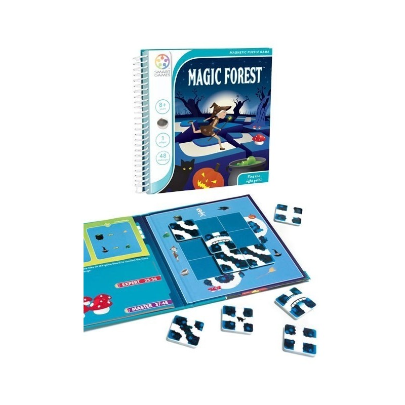 Capa do jogo SmartGames Magic Forest, mostrando uma bruxa, um gato preto, uma abóbora de Halloween e uma floresta mágica, com indicação da faixa etária (8+) e número de desafios (48).