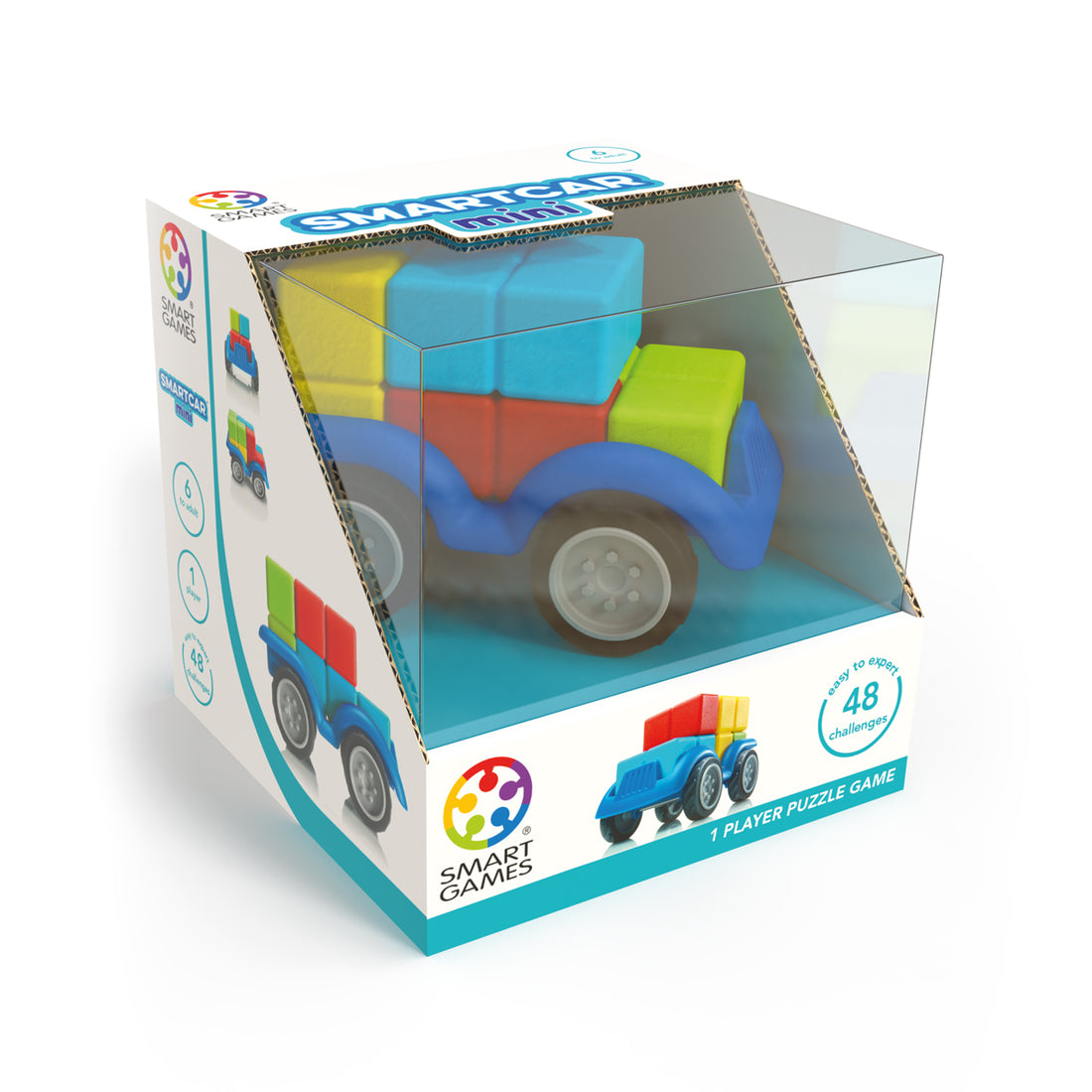 Caixa do SmartGames SmartCar Mini, puzzle 3D de construção de carro com blocos coloridos, mostrando a embalagem transparente e os 48 desafios.