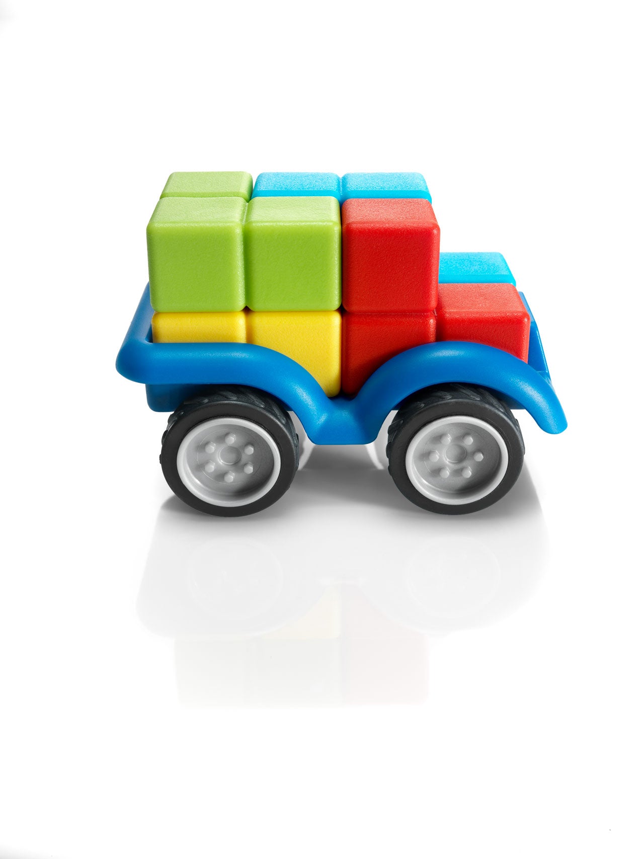 Vista lateral do carro de blocos coloridos do SmartGames SmartCar Mini, mostrando a construção em 3D e as cores vibrantes.