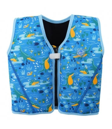 [Vista traseira do colete de natação Go Splash Swim Vest com padrão de dinossauros piratas e fecho central.]