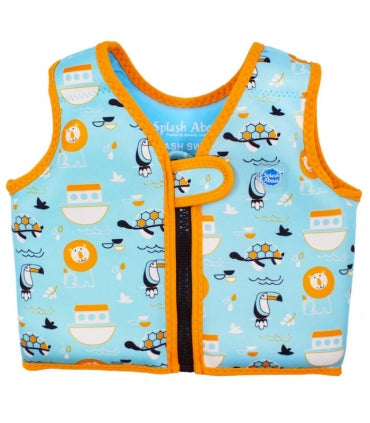 [Verso do colete de natação Go Splash Swim Vest com padrão floral e pássaros sobre fundo claro.]