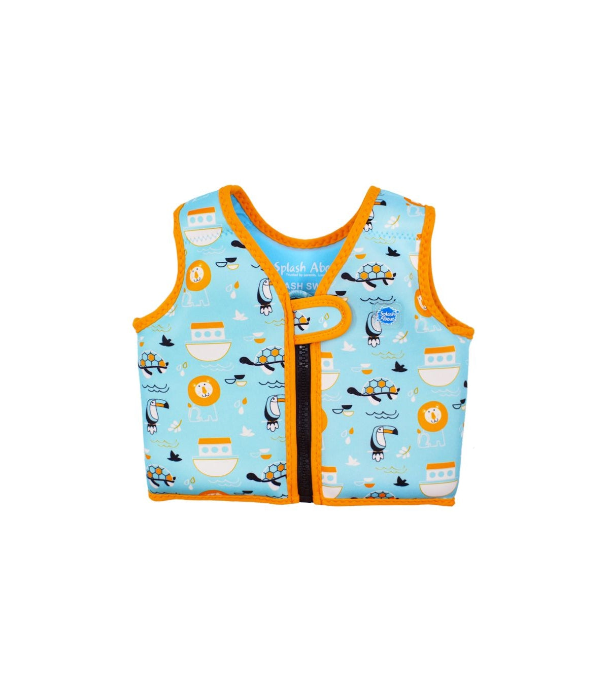 [Vista posterior do colete de natação Go Splash Swim Vest com ilustrações de vida marinha sobre fundo azul.]