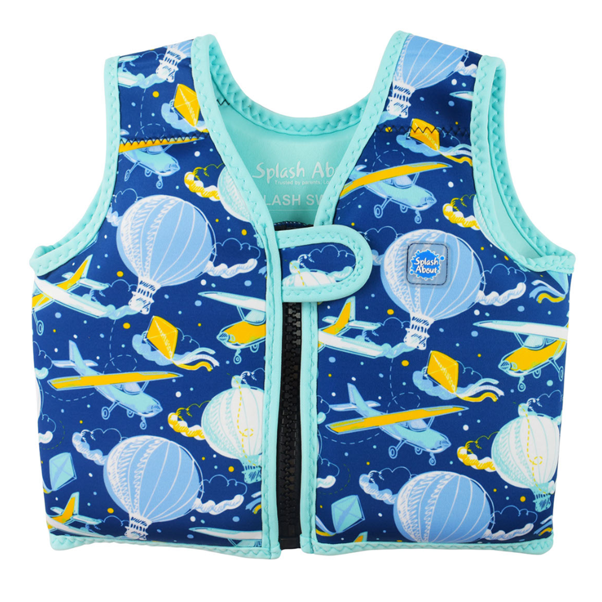Colete natação Splash About Go Splash Swim Vest azul escuro com padrão de aviões e balões para aprender a nadar.