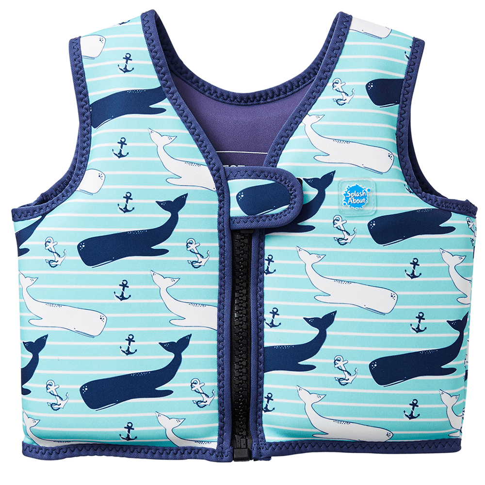 Colete natação Splash About Go Splash Swim Vest listrado azul com padrão de baleias e âncoras.