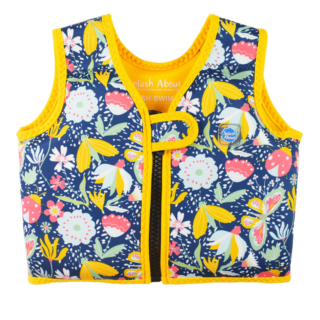 Colete natação Splash About Go Splash Swim Vest azul com padrão floral e borboletas, ideal para férias.