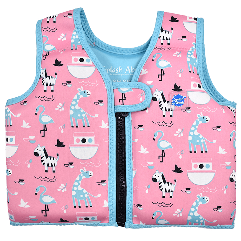 Colete natação Splash About Go Splash Swim Vest rosa com padrão de girafas, zebras, flamingos e barcos para crianças.