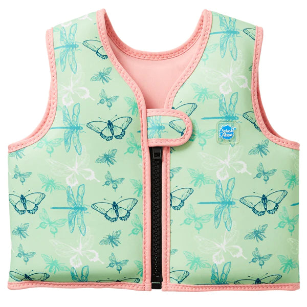 Colete natação Splash About Go Splash Swim Vest verde claro com padrão de libélulas e borboletas.