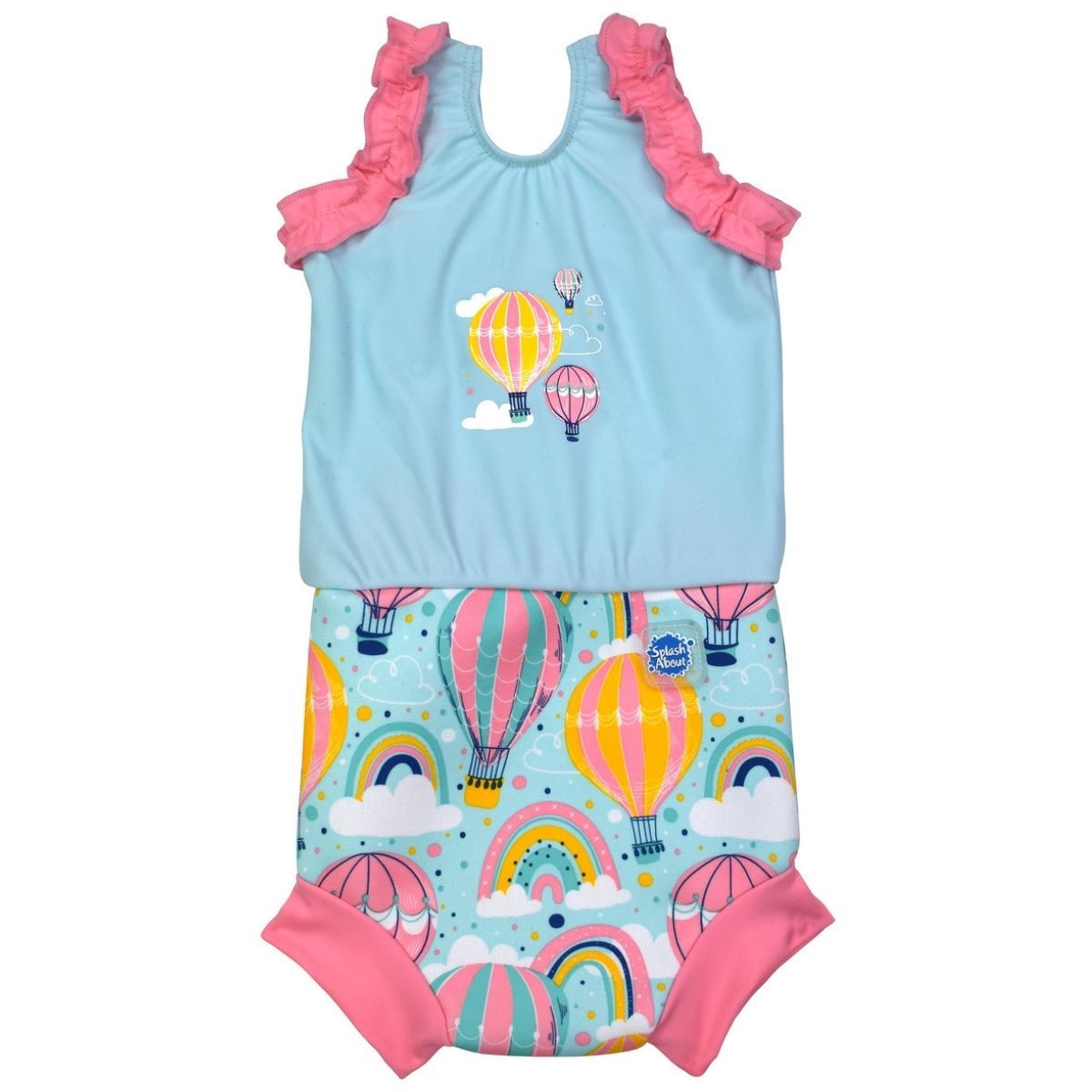 Guia de tamanhos e medições para o fato de praia/piscina Happy Nappy™ Splash About, essencial para escolher o tamanho correto (6 meses a 3 anos).