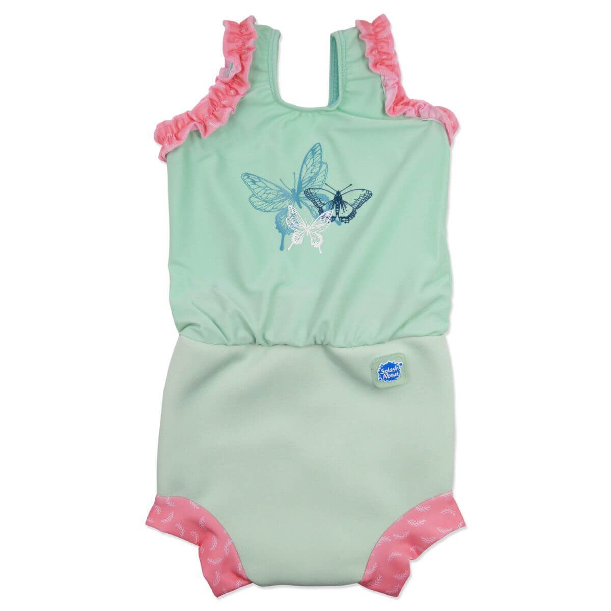 Fato de banho/piscina Happy Nappy™ Splash About verde menta com duas borboletas bordadas no peito e detalhes cor-de-rosa com padrão de folhas.