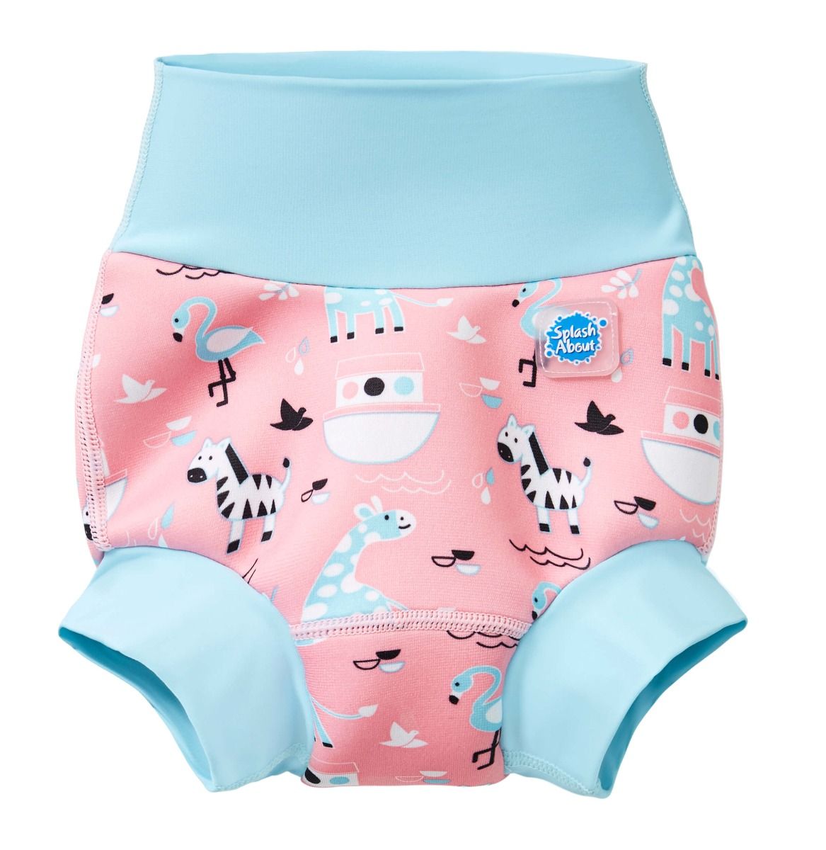 Fralda de natação reutilizável Splash About Happy Nappy Nina's Ark em tons de rosa e azul, com padrão de girafas, zebras, flamingos e barcos, vista frontal.