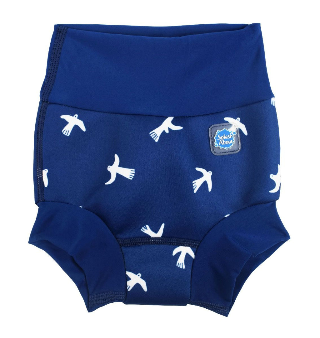 Fralda de natação reutilizável Splash About Happy Nappy azul-marinho com padrão de pássaros brancos, vista frontal, com cós alto.