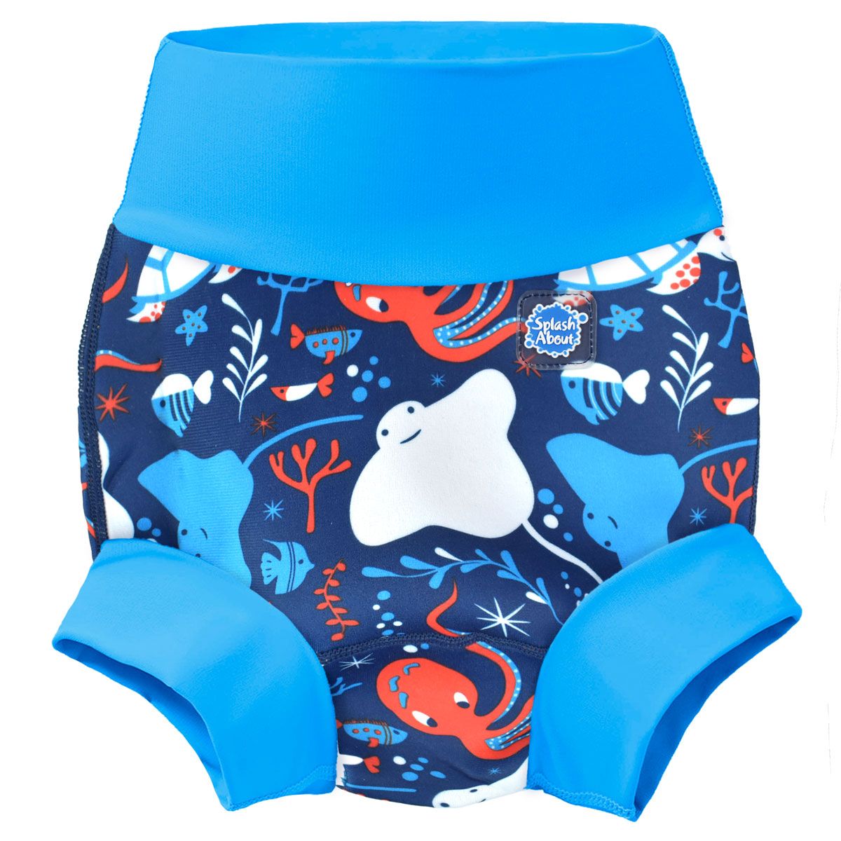 Fralda/cueca reutilizável Splash About Happy Nappy Under the Sea, azul com padrão de polvo, peixes e arraias.