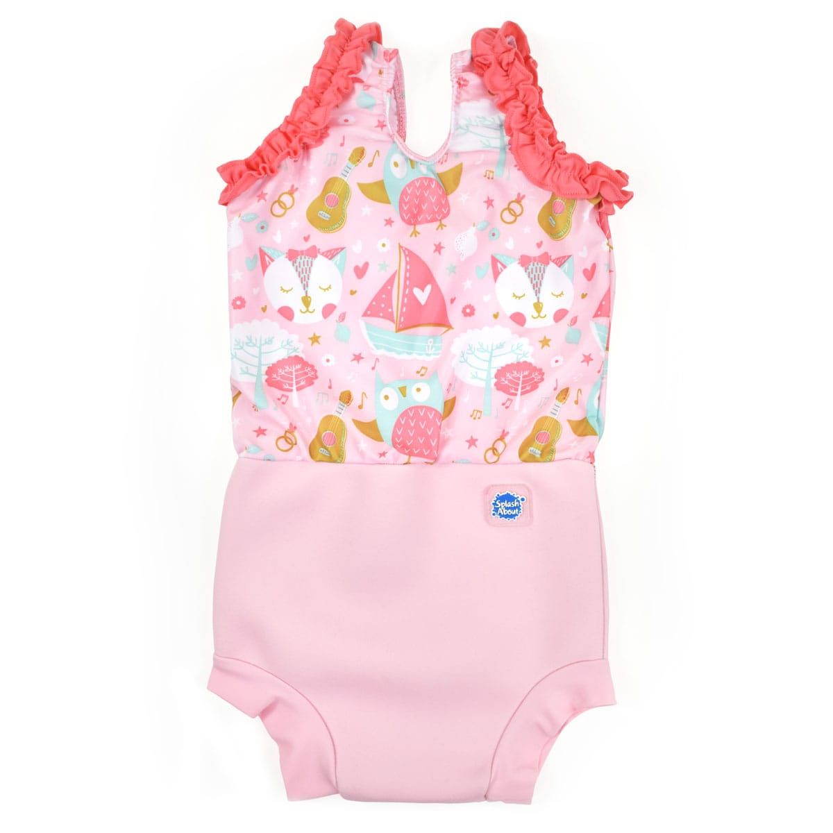 Fato de banho para bebé Splash About com padrão de corujas rosa.