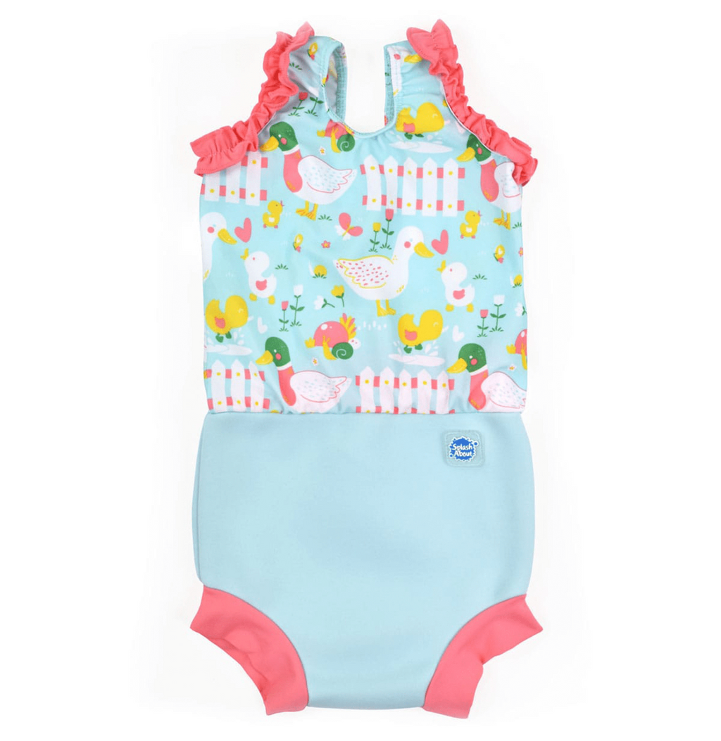 Fato de banho para bebé Splash About com padrão de patinhos.