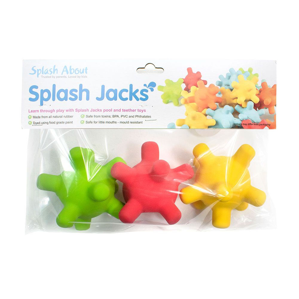 Imagem de embalagem mostrando o conjunto de 3 brinquedos Splash Jacks Meteoritos, ideal para natação e banho.