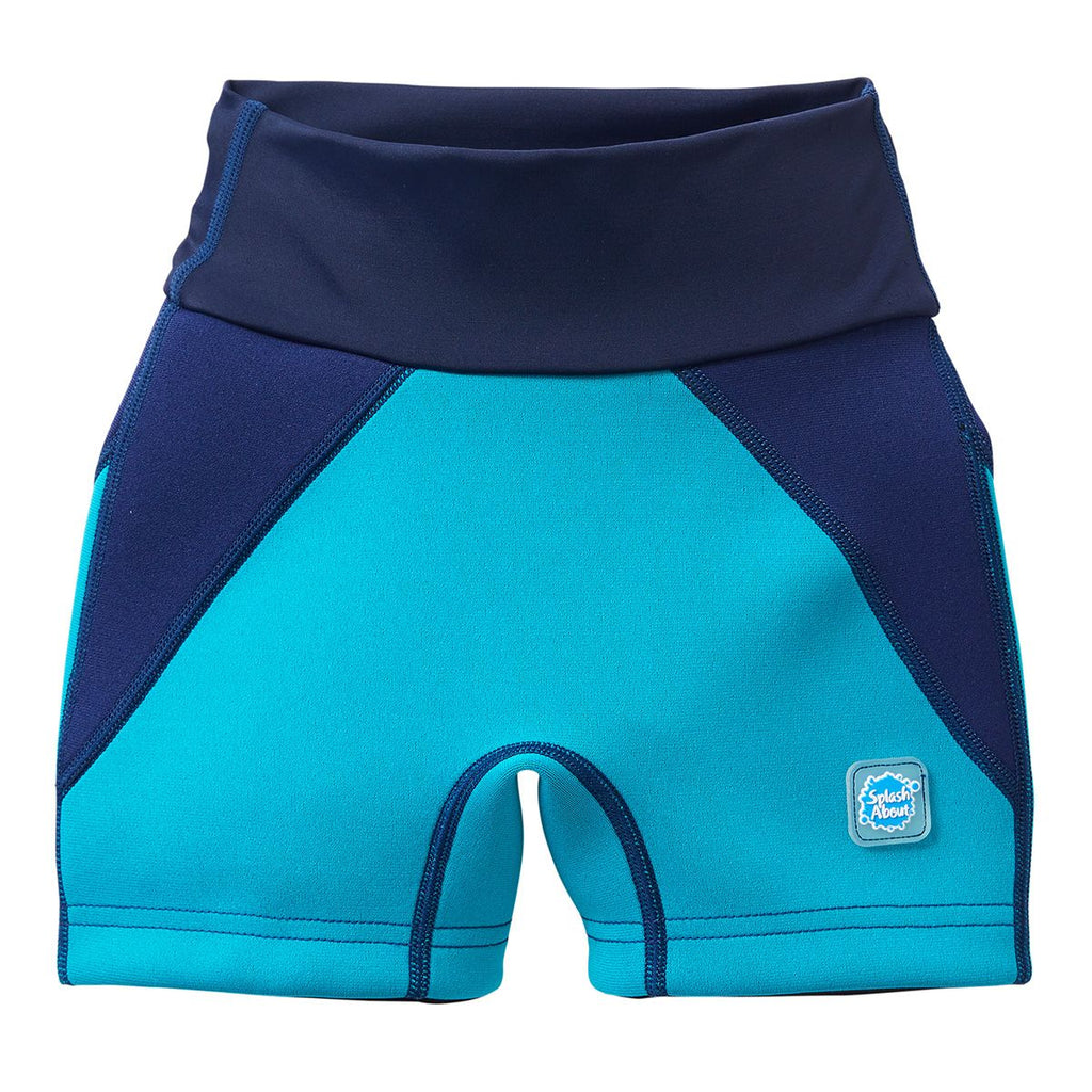 Calções de natação infantis Splash About Jammers em azul marinho (navy) e verde jade, com design desportivo, vistos de frente.