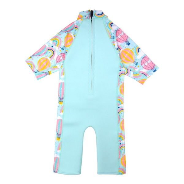 Detalhe do fecho de correr traseiro do fato de praia Splash About, facilitando vestir e despir a criança. Neoprene e Lycra.