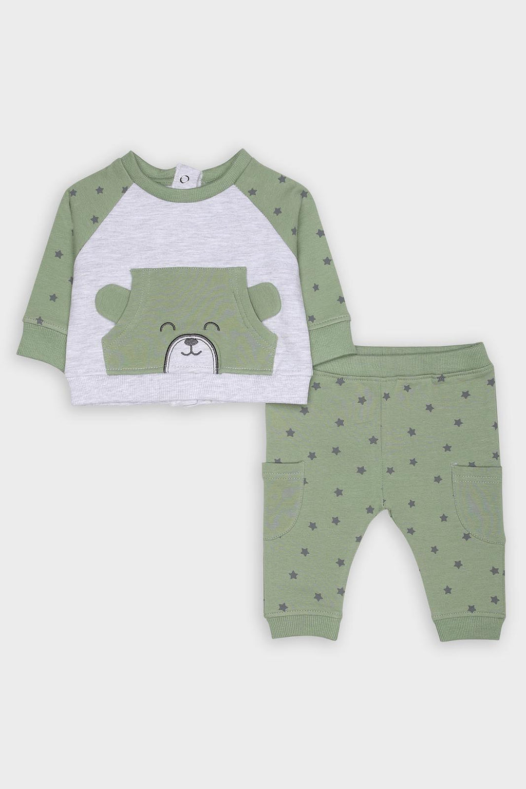 Conjunto de 2 peças Street Monkey para recém-nascido: camisola verde folha e cinzento com bolso de urso e calças jogger.