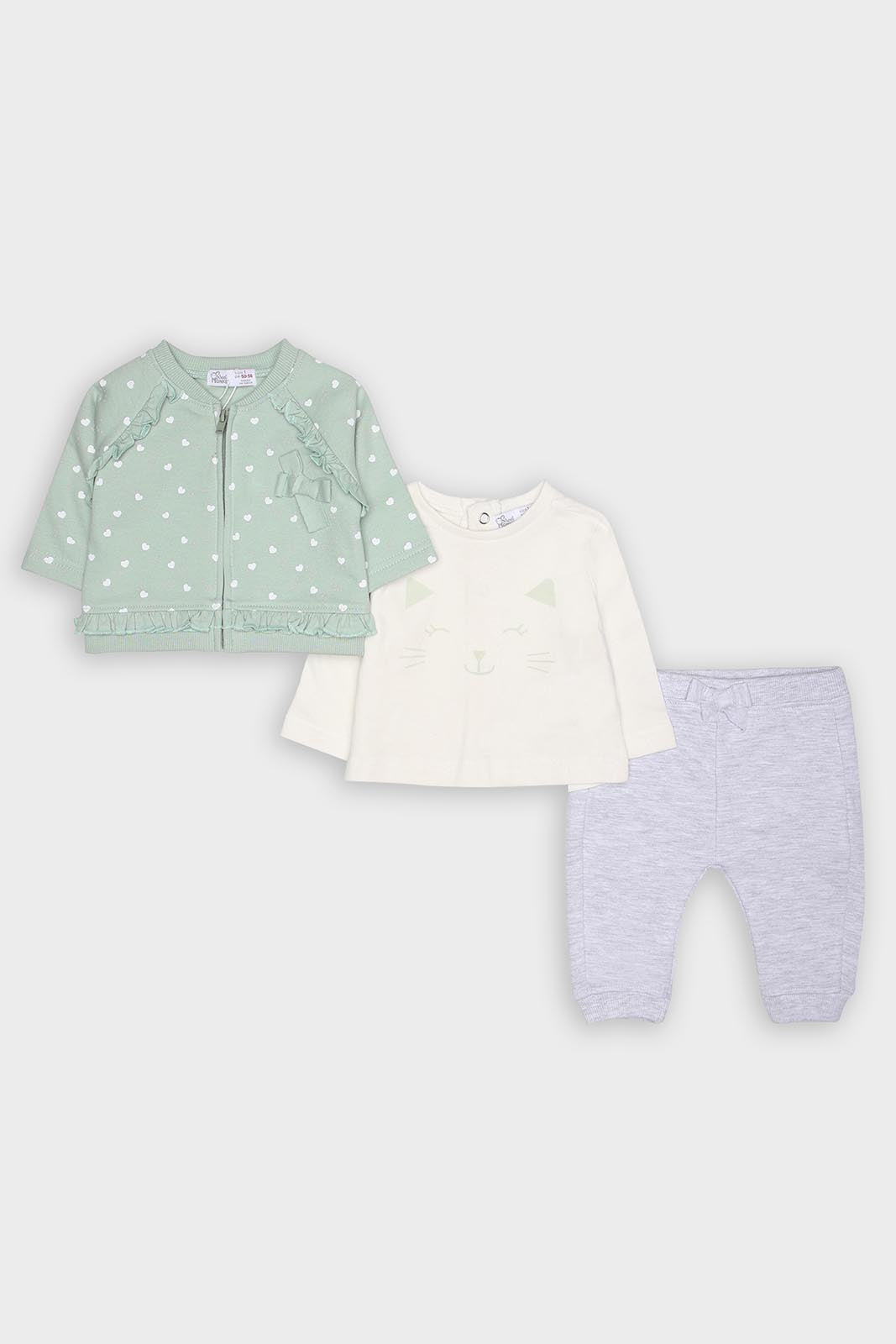 Conjunto de 3 peças Street Monkey para recém-nascido: camisola crua com estampado de corações e calças cinzentas.