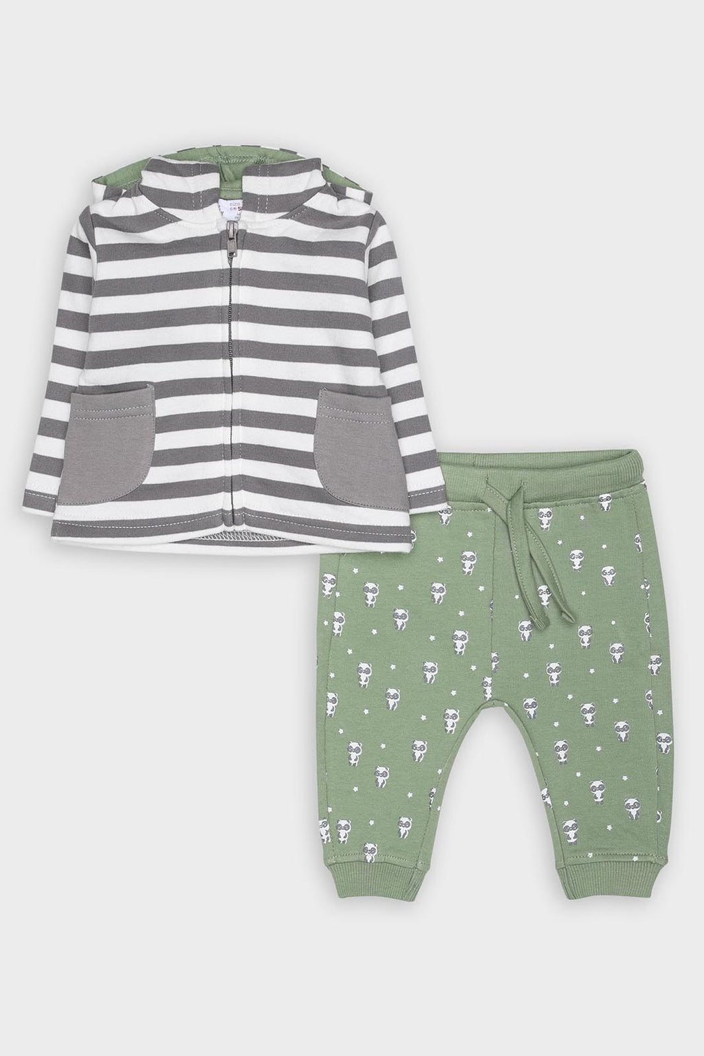 Conjunto de 3 peças Street Monkey para recém-nascido: casaco com capuz, t-shirt e calças jogger. Foco no conjunto completo.